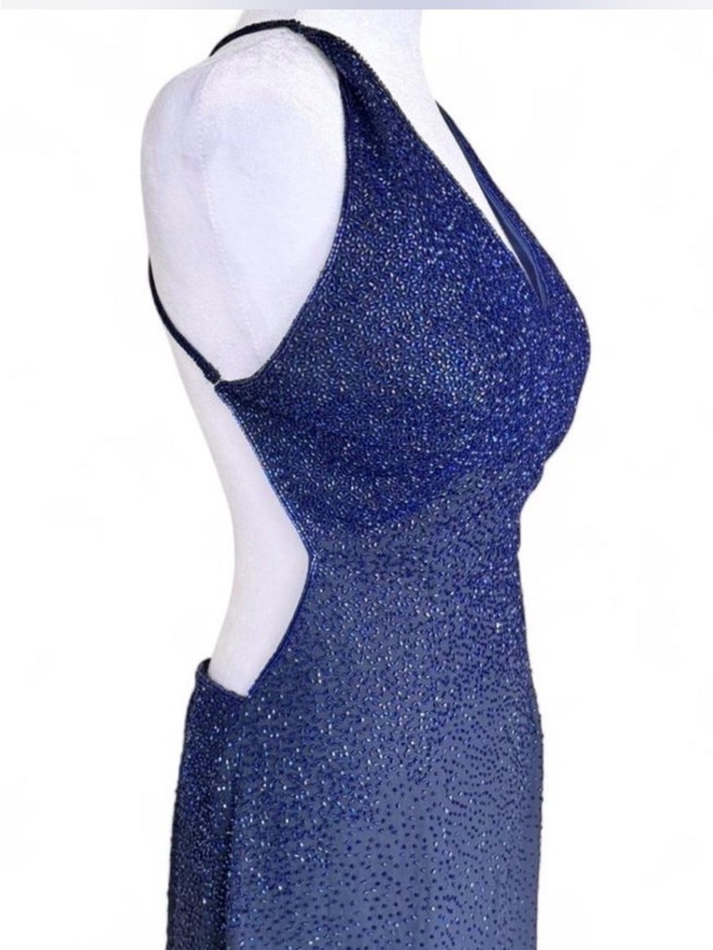 Scala Y2K Midnight Blue Silk Beaded Backless Halter Gown